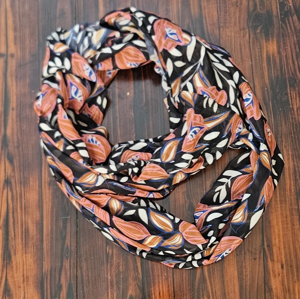 Daniel Rainn Black Floral Infinity Scarf with Coral & Blue Accents